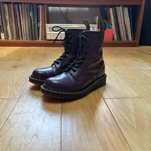 Dr. Martens Purple Lace-Up 8-Eye Leather Boots with Yellow Stitching